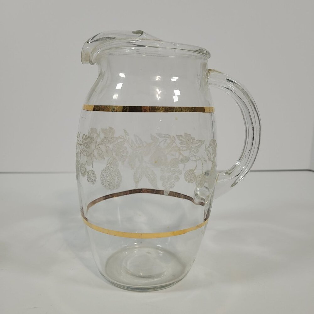 Vintage Juice Set Bartlett Collins Glass Pitcher 4 Glasses Golden Fruit‎ Pattern - Picture 2 of 8